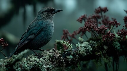 Captivating dark bird perches serenely on a moss-covered branch amidst a misty, atmospheric forest setting, showcasing intricate feather detail.