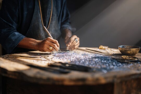 Hands cutting something out of fabric or paper. Generative AI