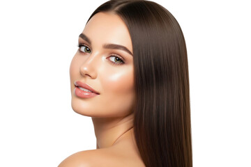 Fototapeta premium Profile Portrait of Woman with Smooth Dark Brown Hair and Perfect Glowing Skin