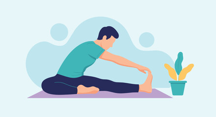 A man performing a seated forward bend exercise on a yoga mat indoors.