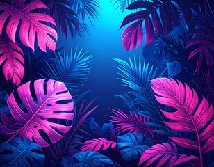 Vibrant tropical leaves in a dark, glowing forest