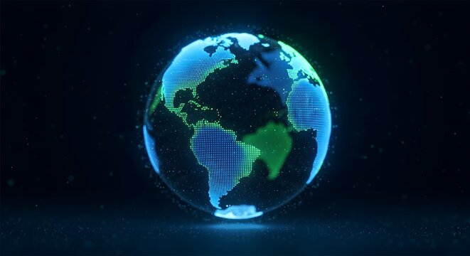 Glowing earth globe with digital dots and blue and green continents on a dark background