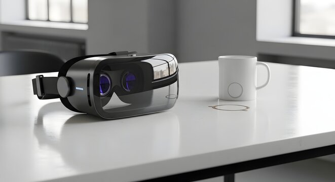 Virtual reality headset and coffee mug sitting on a white table near a window in a modern office - Powered by Adobe