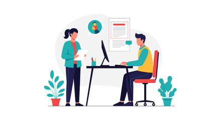 Two colleagues collaborating on a project in an office environment while working together.