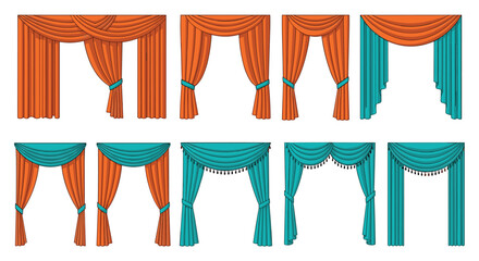 Collection of draped curtains and valances for window treatments.