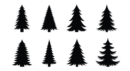 Naklejka premium A collection of eight black silhouette evergreen trees of various shapes and sizes for decorative purposes.
