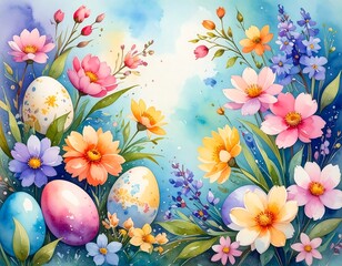 Watercolor floral arrangement with Easter eggs