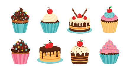 A delicious collection of sweet and colorful frosted cupcakes with cherries on top.