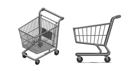Two distinct types of metal shopping carts for carrying groceries and other items in a store.