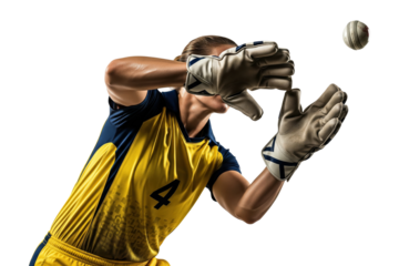 Dynamic Cricket Fielder Diving to Catch Ball Mid-Air Action Shot