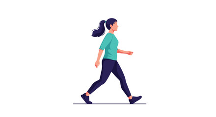 A woman in athletic wear walks purposefully outdoors on a flat surface.