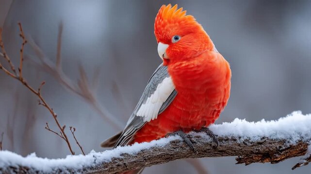 Vibrant red parrot perched on snowy branch outdoors winter scene