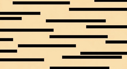 Geometric abstract composition features black horizontal rectangles of varying lengths scattered across a warm, beige background, creating a visually engaging and minimalist pattern.