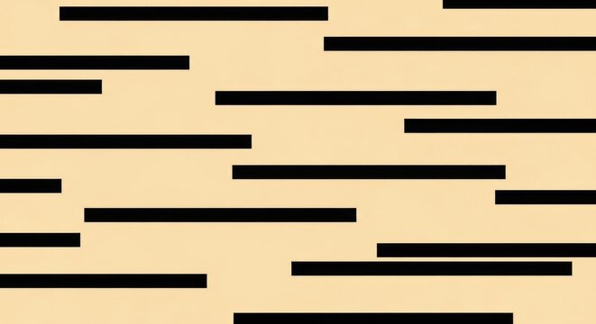 Geometric abstract composition features black horizontal rectangles of varying lengths scattered across a warm, beige background, creating a visually engaging and minimalist pattern.