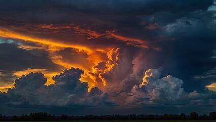 Dramatic thunderstorm clouds lit by a fiery sunset sky. Vibrant contrast of orange and blue tones creates a powerful and atmospheric landscape scene.