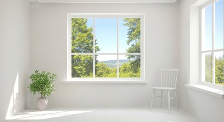 Open windows illuminate a bright white room, showcasing an indoor potted plant beside a chair, with natural daylight spilling across the floor, framing a vibrant green outdoor landscape of trees