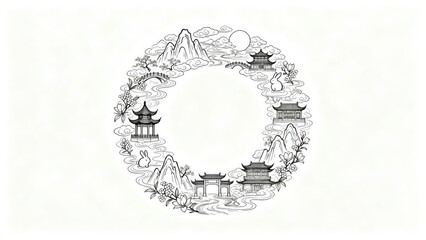 Fototapeta premium Chinese landscape with pavilions and mountains