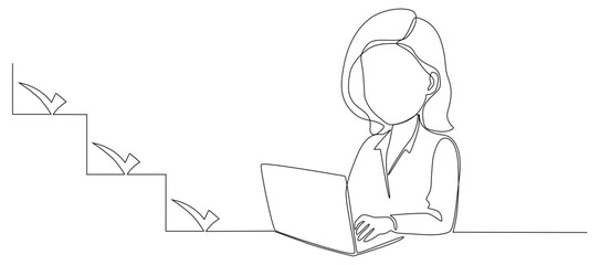 Woman with laptop computer in one continuous line drawing. Businesswoman and female student with check marks eps 10