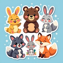 Fototapeta premium A cute vector collection of funny cartoon animal head icons, featuring a pet cat, dog, fox, and bear character