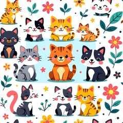 A cute vector collection of funny cartoon cat head characters, a set of pet animal face illustration icons