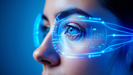 Blue digital interface overlaying human eye technology