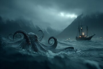 Giant kraken emerges from stormy ocean depths, menacing a distant sailing ship under dark, dramatic skies