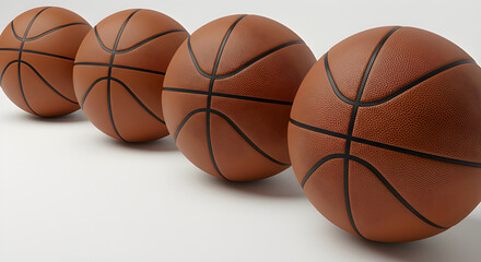 Obraz premium Diagonal row of basketballs on white, clean and professional sports stock image.