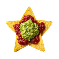 Star shaped tortilla chip with fresh salsa and guacamole
