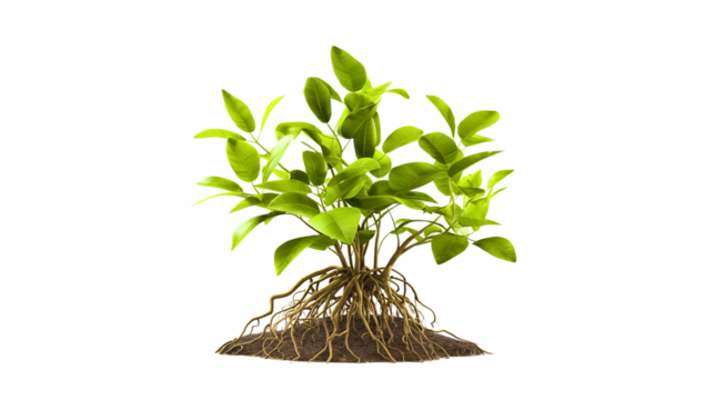 Healthy plant with visible roots in soil. Symbol of natural growth and strong foundation. Isolated on transparent background, PNG.