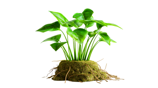Green plant with roots in mossy soil. Symbol of eco growth and natural balance. Isolated on transparent background, PNG.