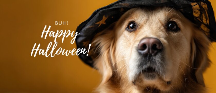 Adorable Golden Retriever dog wearing a Halloween witch hat against a yellow background with Happy Halloween text overlay Concept of festive pet costume and holiday celebration