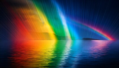 vibrant display of saturated rainbow colors creates glowing prism effect reflecting on calm water surface under dark sky evoking sense of wonder and tranquility