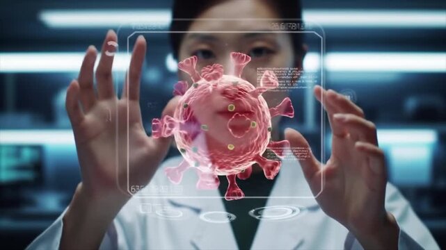 In a high-tech laboratory, a scientist of Asian descent examines a holographic model of a virus, highlighting its intricate details and structure. The atmosphere is innovative and focused