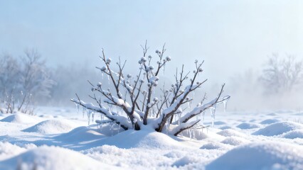Fototapeta premium Snowy shrub with icicles in winter field