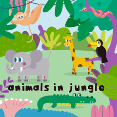 어린이를 위한 정글 속 다양한 동물 학습 일러스트