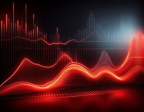 a display screen shows a fluctuating line graph with a dark background and bright red lines