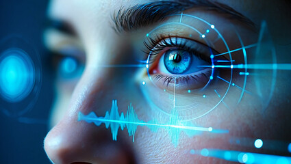 Close up of human eye with futuristic digital interface blue iris