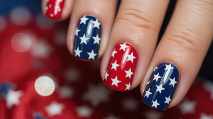 Hand with Nail Art Featuring Patriotic Stars And Stripes Against Star Background