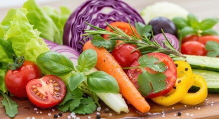 Colorful assortment of fresh vegetables including tomatoes, lettuce, carrots, cabbage, herbs, and peppers, arranged on a wooden cutting board with water droplets, showcasing various textures, vibrant
