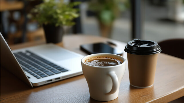 Coffee cups on the table beside laptop, signifying long wait and productivity.