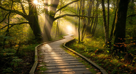 Fototapeta premium Wooden Path Through a Sun-Dappled Mystical Forest