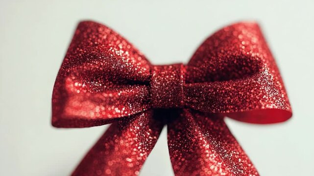 A close-up shot of a bright red bow on a clean white surface