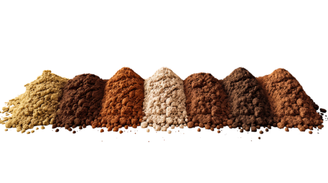 Different soil types arranged in a row. Natural earthy texture for agriculture and environment projects.Isolated on transparent background, PNG. - Powered by Adobe
