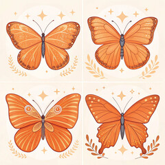 set of beautiful orange colour butterfly