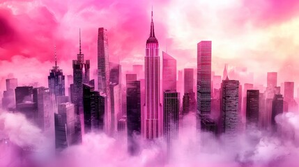 Dreamy Pink Skyline with Skyscrapers Against a Glittering Pink Sunset in Urban Setting