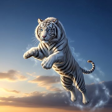 Majestic White Tiger Leaping Through the Sky at Sunset.