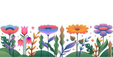Colorful blooming flowers garden and leaves floral theme background illustration. Spring, Easter, Summer theme with multiple type of plants and flower Flat vector illustration in flat geometric style.