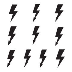 Lightning bolt icons set, black outline of flash lightning bolt icon vector illustration.