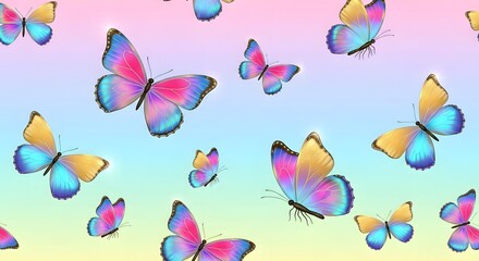 Colorful butterflies fluttering against a pastel gradient background, creating a serene and whimsical atmosphere