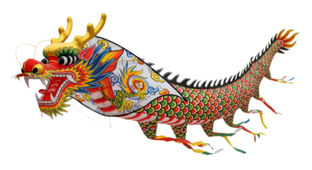 Traditional colorful Chinese dragon kite isolated for cultural celebrations and holidays isolated PNG with Transparent Background
